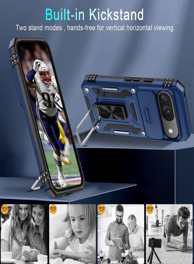 DEERLAMN جراب DEERLAMN لهاتف Pixel 9، جراب Google Pixel 9 Pro مع غطاء كاميرا منزلق + واقي شاشة (عبوة واحدة)، غطاء واقٍ مقاوم للصدمات بمسند حلقي دوار - أزرق داكن - Image 4