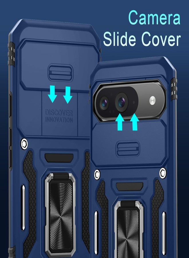 DEERLAMN جراب DEERLAMN لهاتف Pixel 9، جراب Google Pixel 9 Pro مع غطاء كاميرا منزلق + واقي شاشة (عبوة واحدة)، غطاء واقٍ مقاوم للصدمات بمسند حلقي دوار - أزرق داكن - Image 2