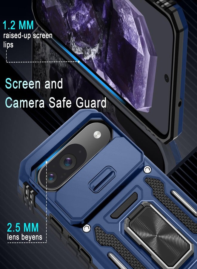 DEERLAMN جراب DEERLAMN لهاتف Pixel 9، جراب Google Pixel 9 Pro مع غطاء كاميرا منزلق + واقي شاشة (عبوة واحدة)، غطاء واقٍ مقاوم للصدمات بمسند حلقي دوار - أزرق داكن - Image 5