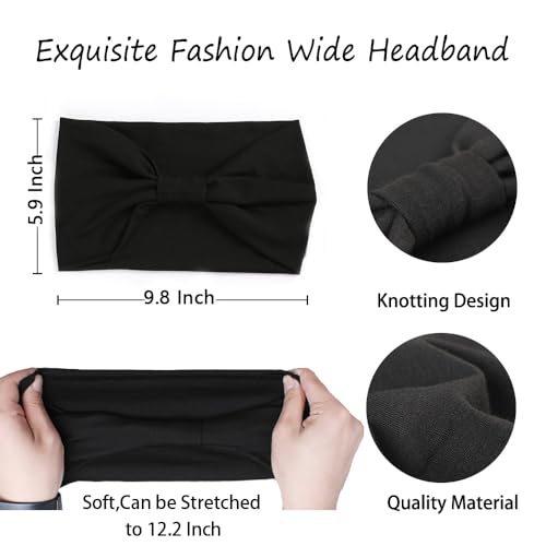 XTREND 4 Packs Wide Headbands Fashion Bandana Bohemian Style Elastic Knotted Non-Slip Headband Black Women Outdoor Sports Yoga Sweat Absorbent Solid Color Hair Accessories (Black Series) - Image 2