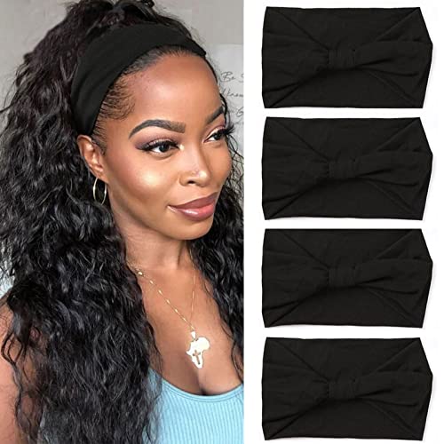 XTREND 4 Packs Wide Headbands Fashion Bandana Bohemian Style Elastic Knotted Non-Slip Headband Black Women Outdoor Sports Yoga Sweat Absorbent Solid Color Hair Accessories (Black Series) - Image 1
