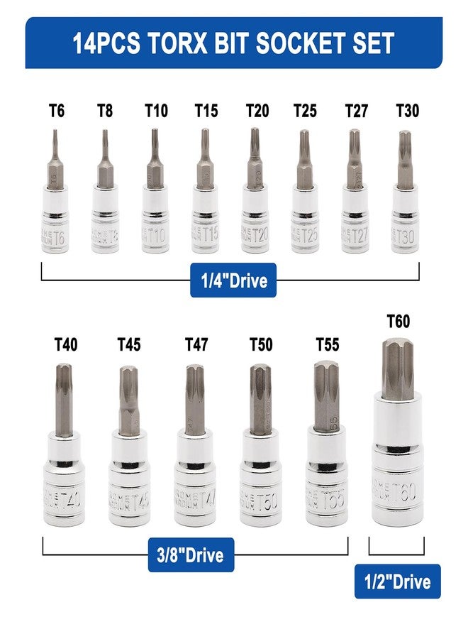 Mayouko 14PCS Torx Bit Socket Set, T6-T60, 1/4-Inch, 3/8-Inch and 1/2-Inch Drive, S2 and Cr-V Steel, Star Bits Socket Set - Image 2