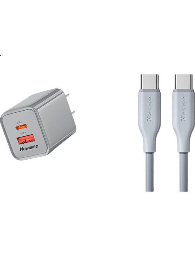 Newmine 30W Gan Pd Fast Charger Usb+Type-C Dual Port Charger + 60W Type-C Data Cable 1M Set For Apple 16/15 Huawei Xiaomi, Etc. Gray - Image 2