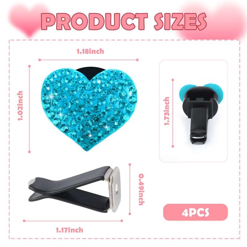 carleef 4Pcs Heart-Shaped Car Vent Clips With Rhinestone Bling Air Vent Clips Car Decorations Premium Shiny Car Clips For Vents Accessories Interior (Lake Blue) - Image 2