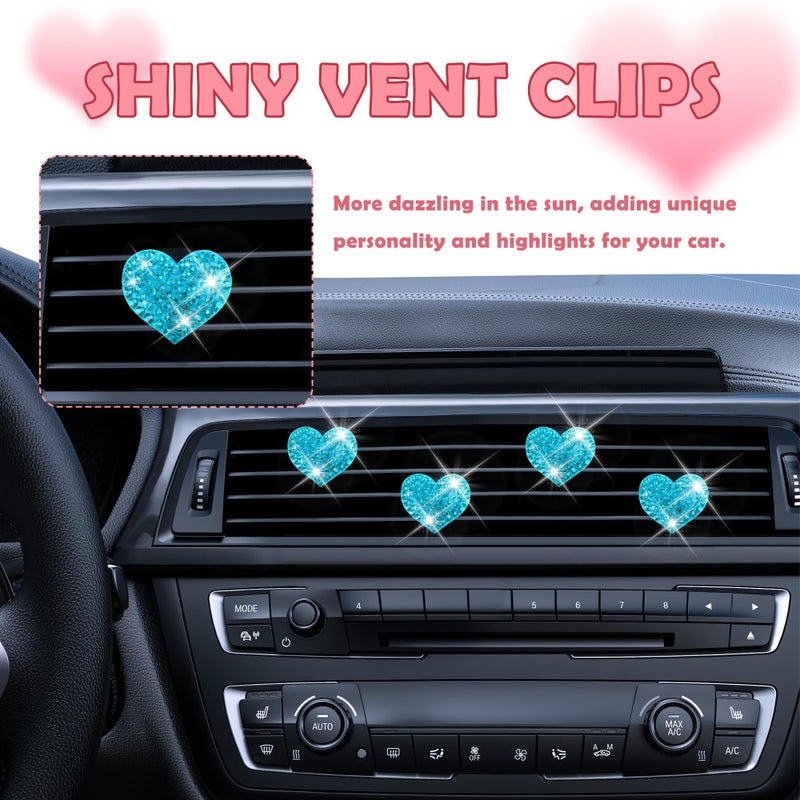 carleef 4Pcs Heart-Shaped Car Vent Clips With Rhinestone Bling Air Vent Clips Car Decorations Premium Shiny Car Clips For Vents Accessories Interior (Lake Blue) - Image 4