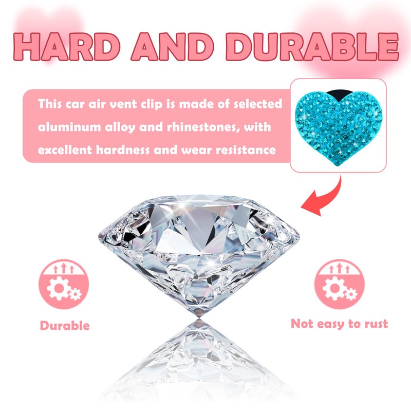 carleef 4Pcs Heart-Shaped Car Vent Clips With Rhinestone Bling Air Vent Clips Car Decorations Premium Shiny Car Clips For Vents Accessories Interior (Lake Blue) - Image 3