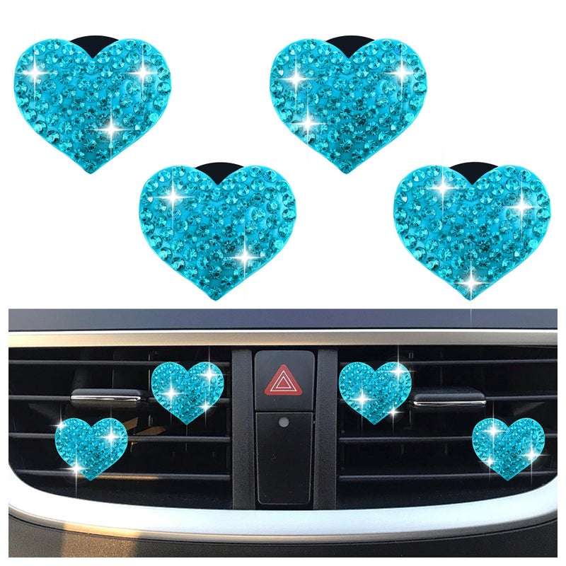 carleef 4Pcs Heart-Shaped Car Vent Clips With Rhinestone Bling Air Vent Clips Car Decorations Premium Shiny Car Clips For Vents Accessories Interior (Lake Blue) - Image 1