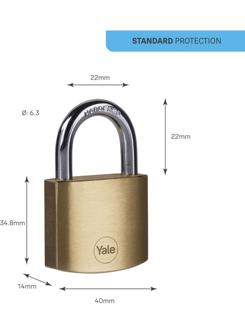 Yale - Y110B/40/122/4 Standard Security 40mm Brass Padlock, Pack of 4 - Open Hardened Steel Shackle - 4 keyed Alike Keys - Image 3