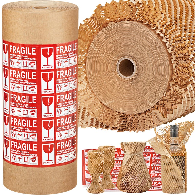JARLINK Honeycomb Packing Paper, 15 * 400' Packing Wrap for Packing/Shipping/Moving, Recyclable Honeycomb Cushioning Wrap Roll, Moving & Gifts Wrapping Paper With 30 Fragile Sticker Labels - Image 1