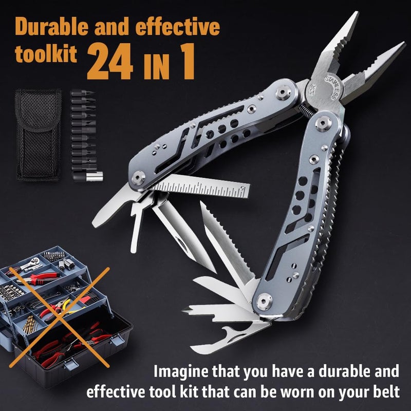 Grand Way 24-in-1 Multitool with Knife, Pliers & 11 Bits Sharp Stainless Steel - Multi Tool for Men - Ideal Gear with Tools for Camping Hiking, Survival, EDC - Best Gifts for Dad Husband Boyfriend 2238  - Image 3