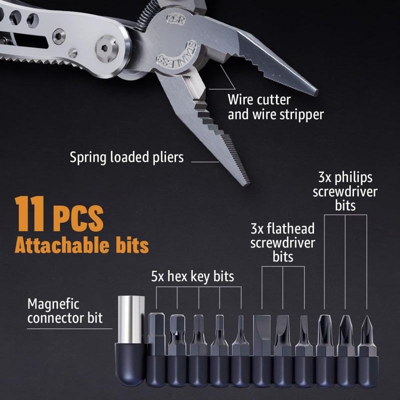 Grand Way 24-in-1 Multitool with Knife, Pliers & 11 Bits Sharp Stainless Steel - Multi Tool for Men - Ideal Gear with Tools for Camping Hiking, Survival, EDC - Best Gifts for Dad Husband Boyfriend 2238  - Image 4