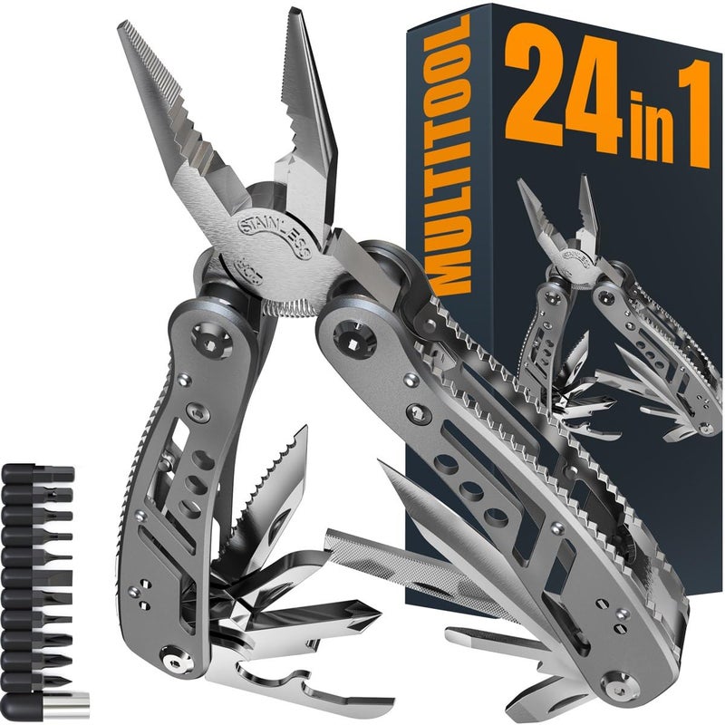 Grand Way 24-in-1 Multitool with Knife, Pliers & 11 Bits Sharp Stainless Steel - Multi Tool for Men - Ideal Gear with Tools for Camping Hiking, Survival, EDC - Best Gifts for Dad Husband Boyfriend 2238  - Image 1