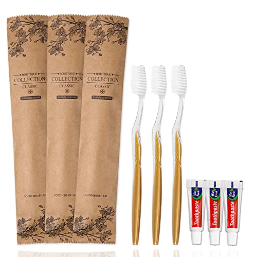 HQSLsund 20 pcs Disposable Toothbrush with Toothpaste Bulk Individually Wrapped Travel Toothbrush Kit Hotel Toothbrushes Bulk for AirbnbShelterWeddingNursing HomeCharityHomeless Gold
