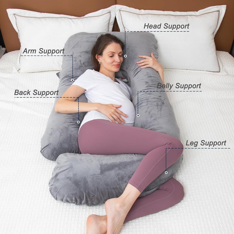 وسادة الحمل على شكل حرف U للجسم كامل مع غطاء قابل للإزالة للنساء الحوامل، وسادة الحمل للنوم، دعم للظهر والساقين والبطن، وسادة حمل 55 بوصة للنساء (قطن، رمادي) - Image 3