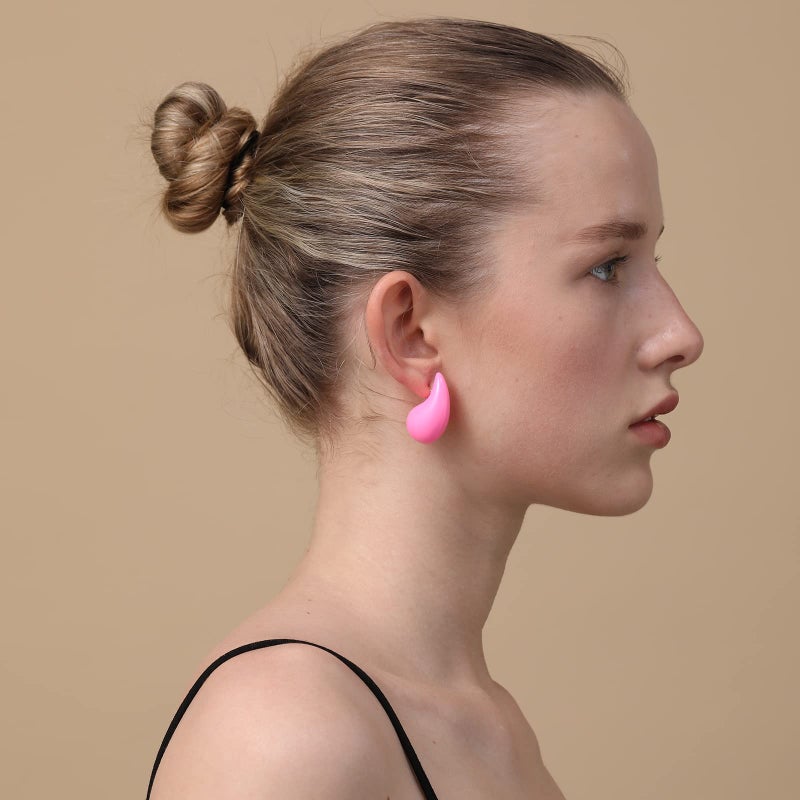 Apsvo Hot pink Earrings Chunky Gold Hoop Fuchsia Earrings for Women Lightweight Waterdrop Hypoallergenic Gold Plated Earrings Fashion Jewelry (Hot pink) - Image 5