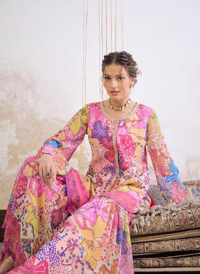 SASSAFRAS Pink Floral Front Placket Top with Sharara Pants Set - Image 2