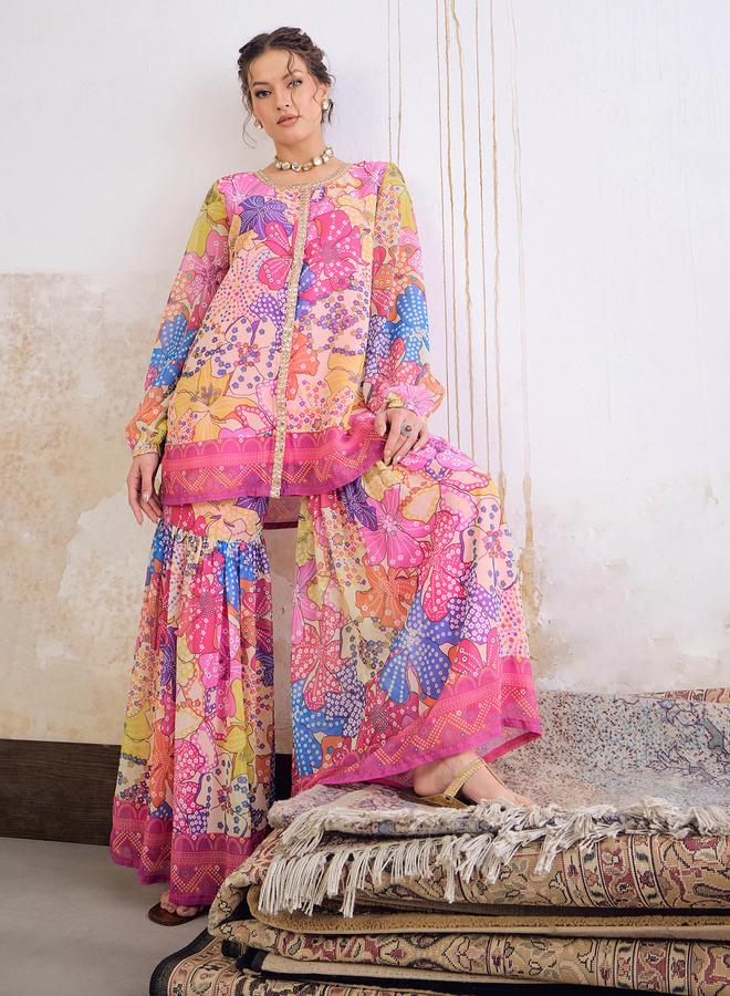 SASSAFRAS Pink Floral Front Placket Top with Sharara Pants Set - Image 1