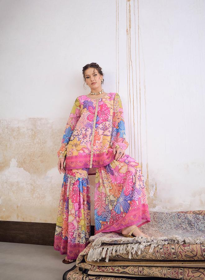 SASSAFRAS Pink Floral Front Placket Top with Sharara Pants Set - Image 3