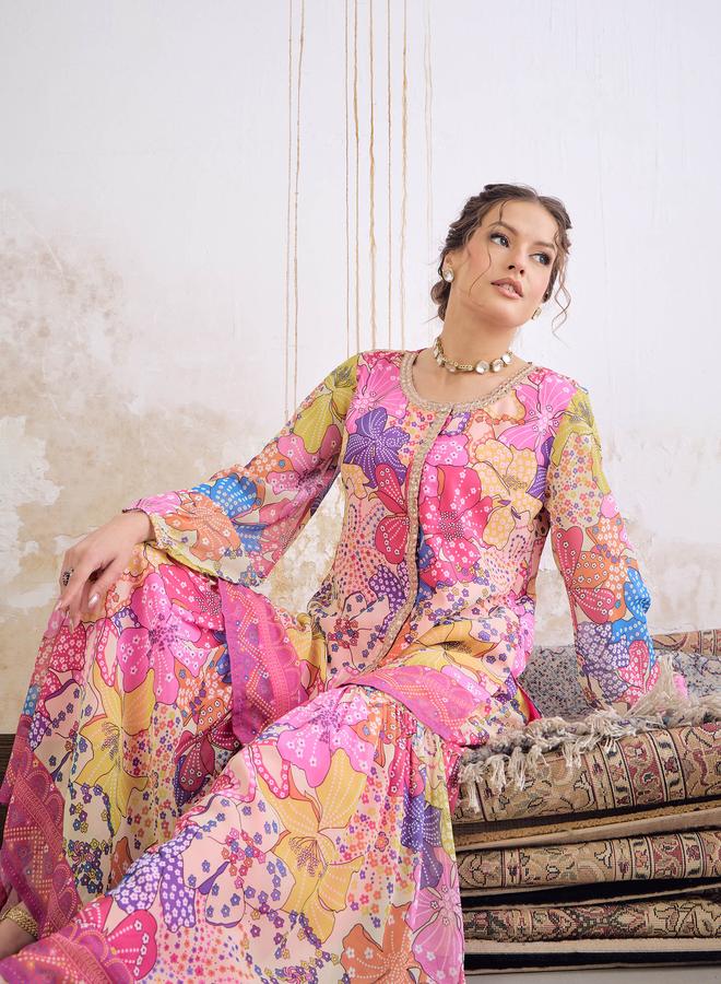 SASSAFRAS Pink Floral Front Placket Top with Sharara Pants Set - Image 4