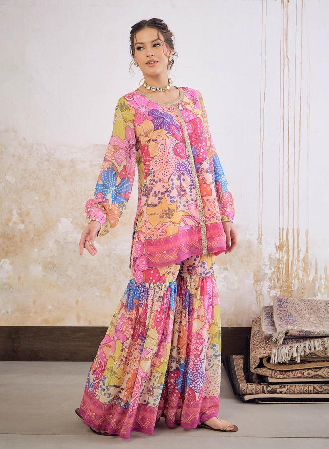 SASSAFRAS Pink Floral Front Placket Top with Sharara Pants Set - Image 5