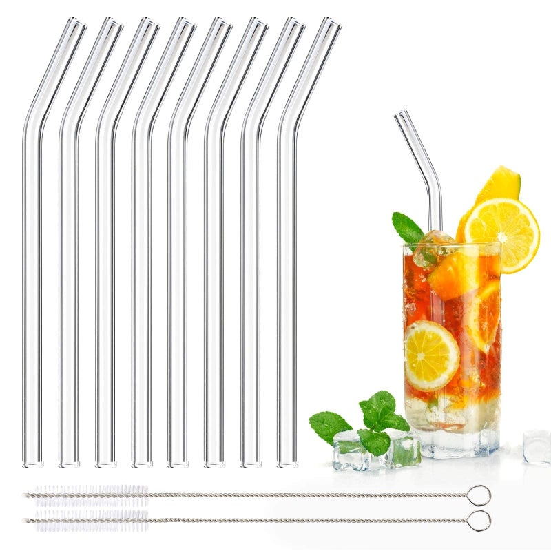 DONQL 8 Pcs Glass Straws Reusable Glass Straw Drinking Straws with 20cm Length Eco Friendly with 2 Cleaning Brushes Transparent Clear Straws Perfect for Milk Coffee Coctail Curved