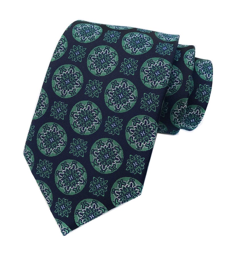 Elfeves Mens Navy Blue Silk Tie Green Big Dot Jacquard Woven Gentlemen Necktie Guy Gifts - Image 3