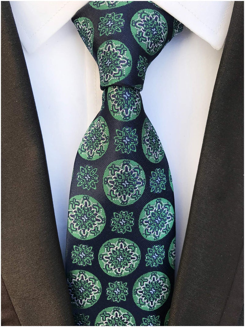 Elfeves Mens Navy Blue Silk Tie Green Big Dot Jacquard Woven Gentlemen Necktie Guy Gifts - Image 2