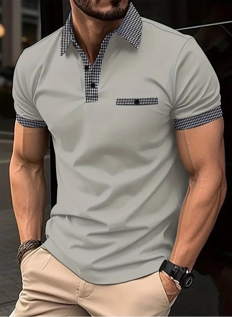 NIBEMINENT Houndstooth Casual Slightly Stretch Button Up Short Sleeve Shirt, Men's Shirt For Summer  - Image 1