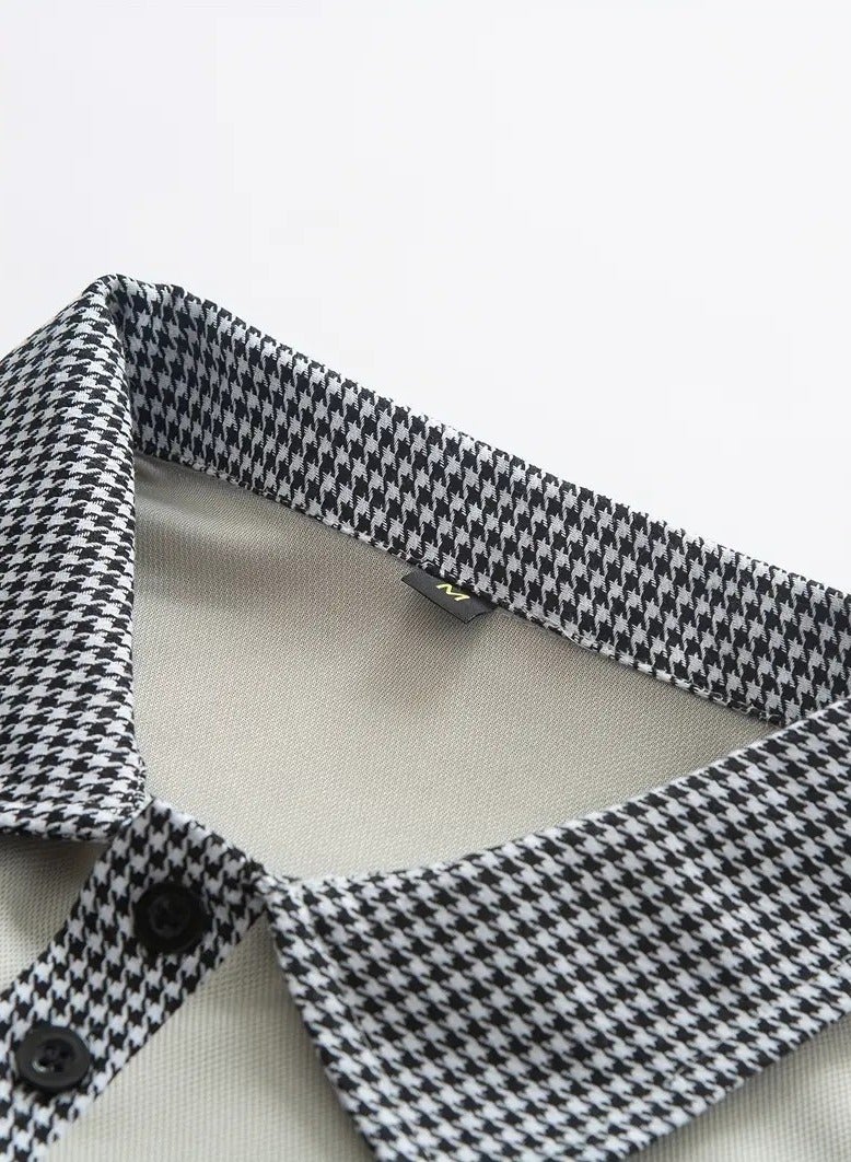 NIBEMINENT Houndstooth Casual Slightly Stretch Button Up Short Sleeve Shirt, Men's Shirt For Summer  - Image 4