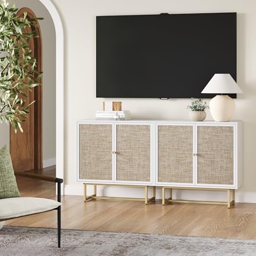 Nathan James Nathan James Kova Rattan Wood Accent Natural Sideboard Storage Cabinet TV Stand with Matte Metal Frame Adjustable Shelves and Cane Doors for Hallway or Living Room WhiteCaneBrass Set of 2 