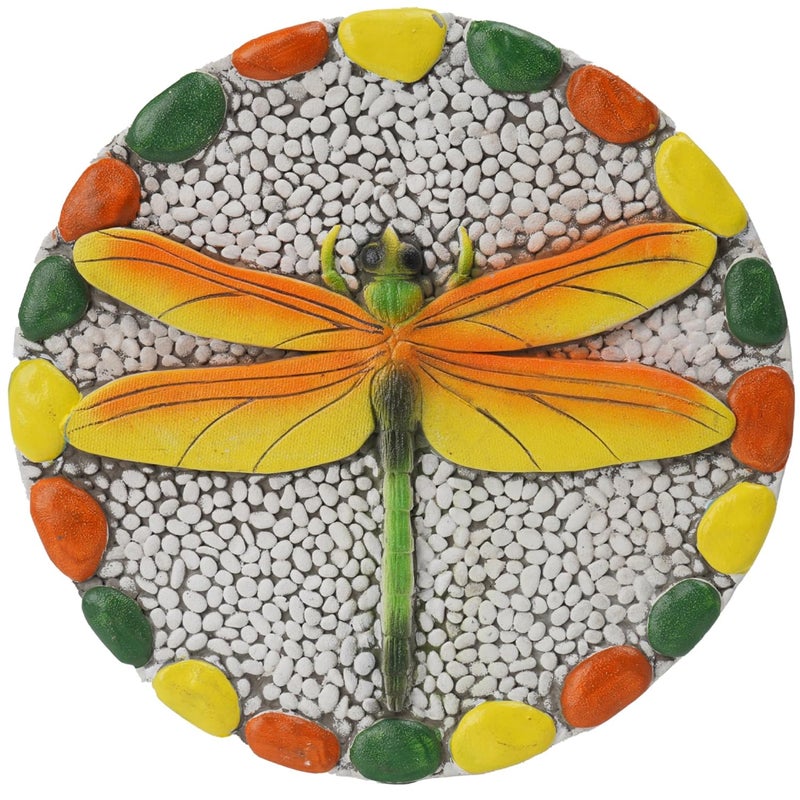 Cynkeyee Decorative Garden Stepping Stone Dragonfly - Round Outdoor Pathway Stone with Yellow and Green Design, White Pebble Background 10x10 Inches - Image 1