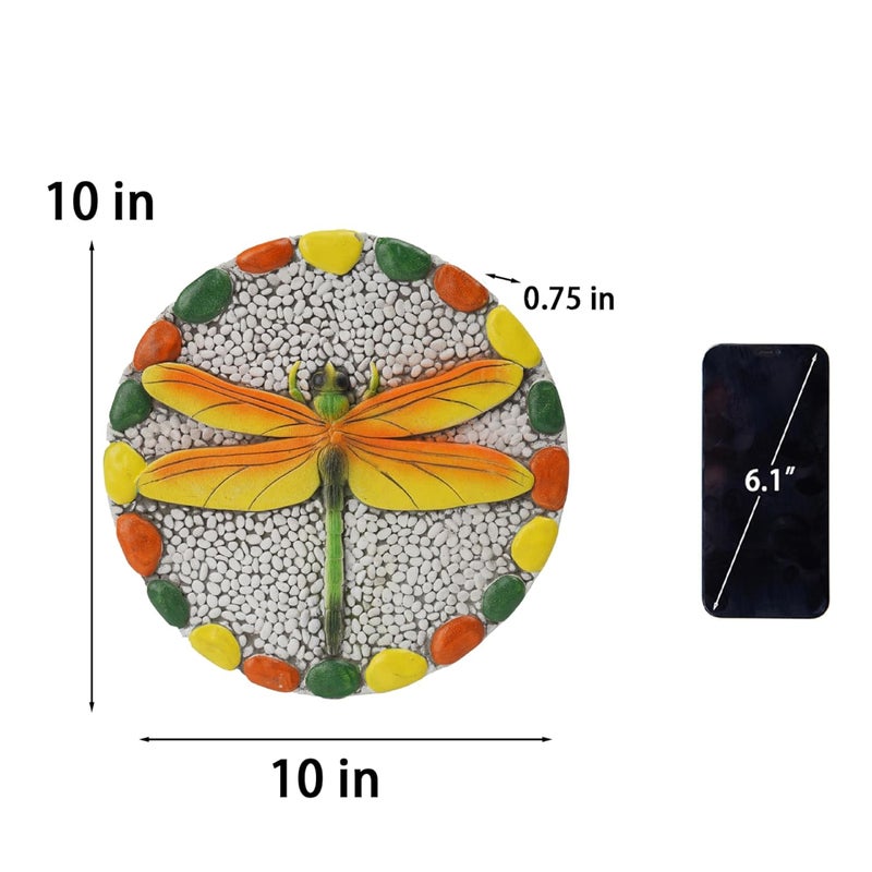 Cynkeyee Decorative Garden Stepping Stone Dragonfly - Round Outdoor Pathway Stone with Yellow and Green Design, White Pebble Background 10x10 Inches - Image 2