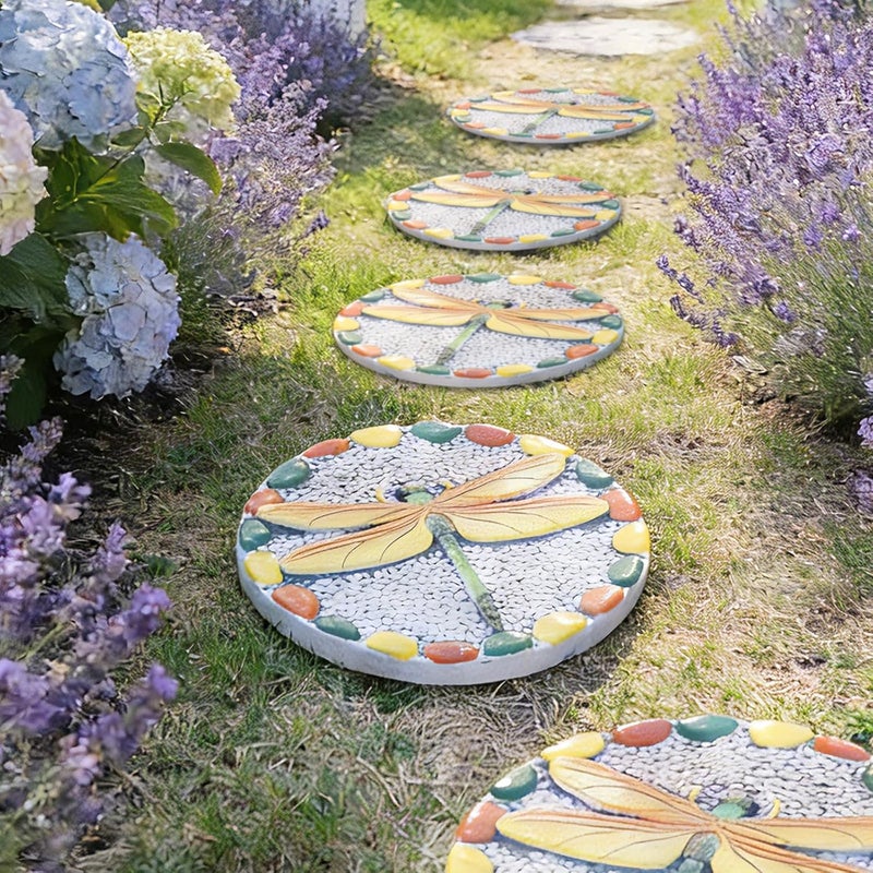 Cynkeyee Decorative Garden Stepping Stone Dragonfly - Round Outdoor Pathway Stone with Yellow and Green Design, White Pebble Background 10x10 Inches - Image 3