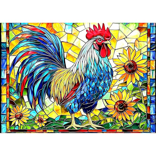 MINIWAN Stained Glass Rooster Puzzles for Adults 1000 Pieces Colorful Rooster Puzzle for Adults Mosaic Jigsaw Puzzles1000 Pieces with Letters on Back Hard Impossible Difficult Challenging Family Puzzle - Image 1