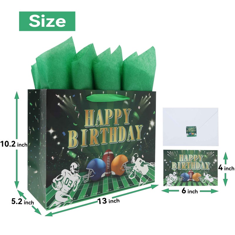 Qirrmiy 13â€ Large Football-themed Birthday Gift Bag Set with Handles, Greeting Card, Green Tissue Papers and Stickers for Men Boys Kids Teens, Football Fan Design, 1 Pcs. - Image 2