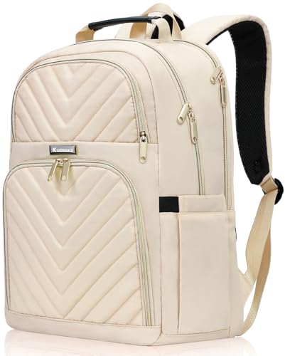 Kuosdaz Travel Laptop Backpack for Women 156 Inch Quilted Work Backpack Purse with USB Charging Port School Backpack for Teens Girls Boys Large Antitheft Teacher Student Bookbags Casual Daypacks Beige - Image 1