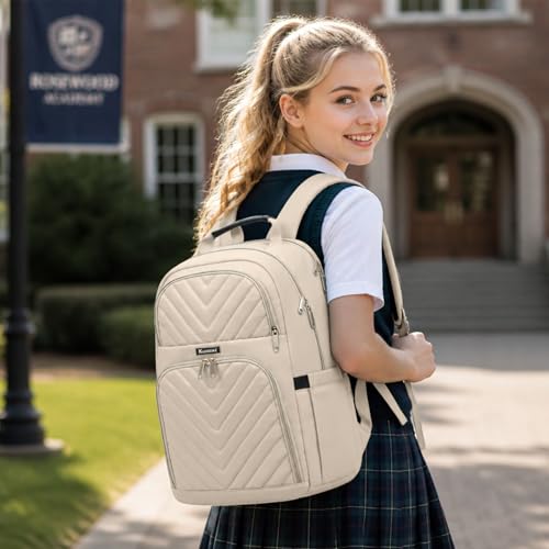 Kuosdaz Travel Laptop Backpack for Women 156 Inch Quilted Work Backpack Purse with USB Charging Port School Backpack for Teens Girls Boys Large Antitheft Teacher Student Bookbags Casual Daypacks Beige - Image 3