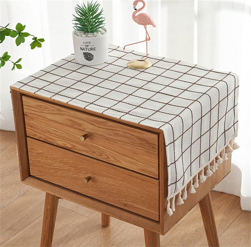 Utobanh Compact design Simple Bedside Table Tassel Cover Cloth, Tablecloth Cover Towel, Suitable for Bedside Table TV Microwave Washing Machine Refrigerator Dust Cover (White Bars, 15.7 * 35.4 inches) Multi-use upgraded craftsmanship - Image 1