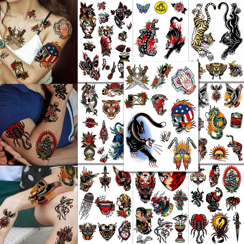 Unisex Vintage American Traditional Temporary Tattoos 9 Sheets Large Old School Fake Tattoos for Adult Men Women