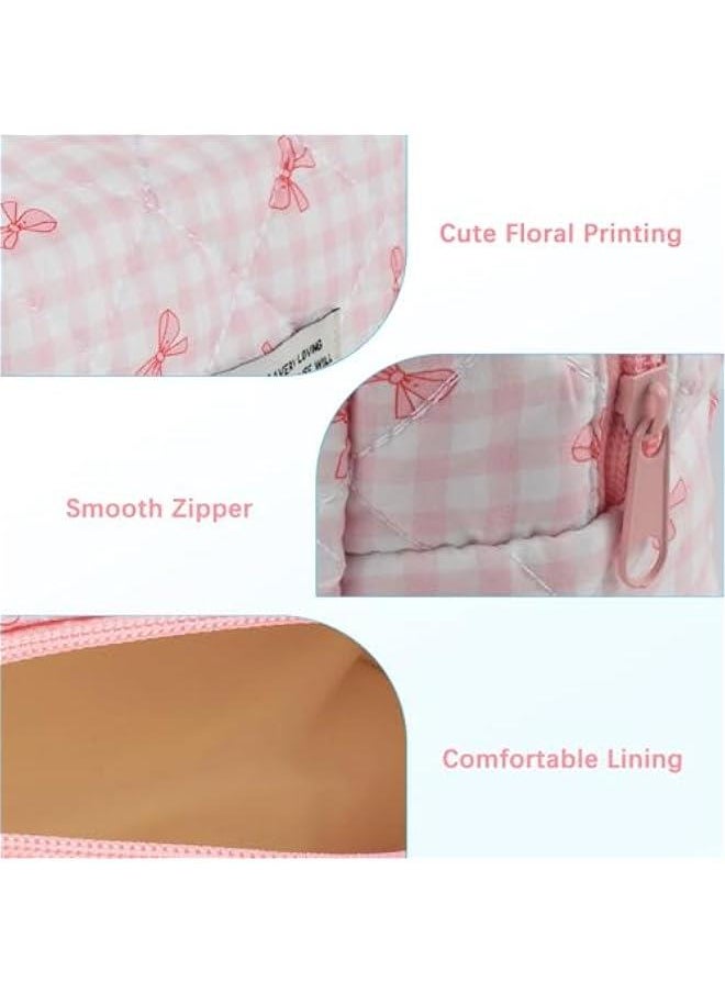 Generic - Cotton Quilted Makeup Bag Small Coquette Cute Floral Makeup Pouch Aesthetic Cosmetic Bag Zipper School Pencil Pouch Cloth Trendy Travel Toiletry Bag Organizer for Women Girls (Pink Bow) - Image 1