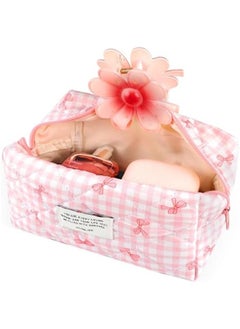 Cotton Quilted Makeup Bag Small Coquette Cute Floral Makeup Pouch Aesthetic Cosmetic Bag Zipper School Pencil Pouch Cloth Trendy Travel Toiletry Bag Organizer for Women Girls (Pink Bow)