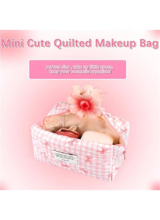 Generic - Cotton Quilted Makeup Bag Small Coquette Cute Floral Makeup Pouch Aesthetic Cosmetic Bag Zipper School Pencil Pouch Cloth Trendy Travel Toiletry Bag Organizer for Women Girls (Pink Bow) - Image 1