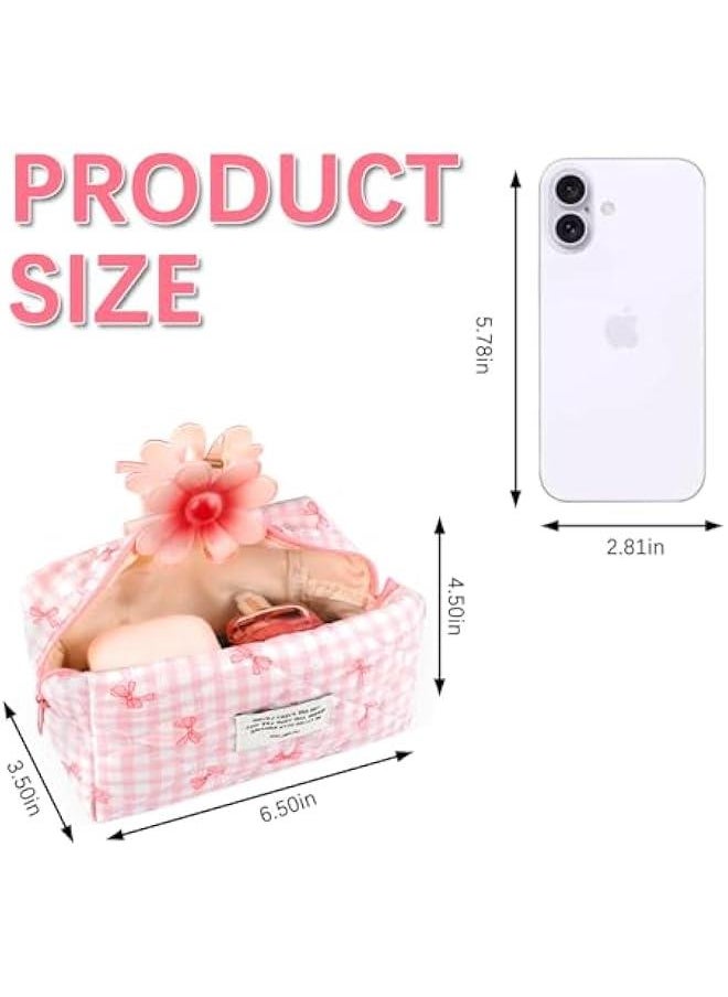Generic - Cotton Quilted Makeup Bag Small Coquette Cute Floral Makeup Pouch Aesthetic Cosmetic Bag Zipper School Pencil Pouch Cloth Trendy Travel Toiletry Bag Organizer for Women Girls (Pink Bow) - Image 1