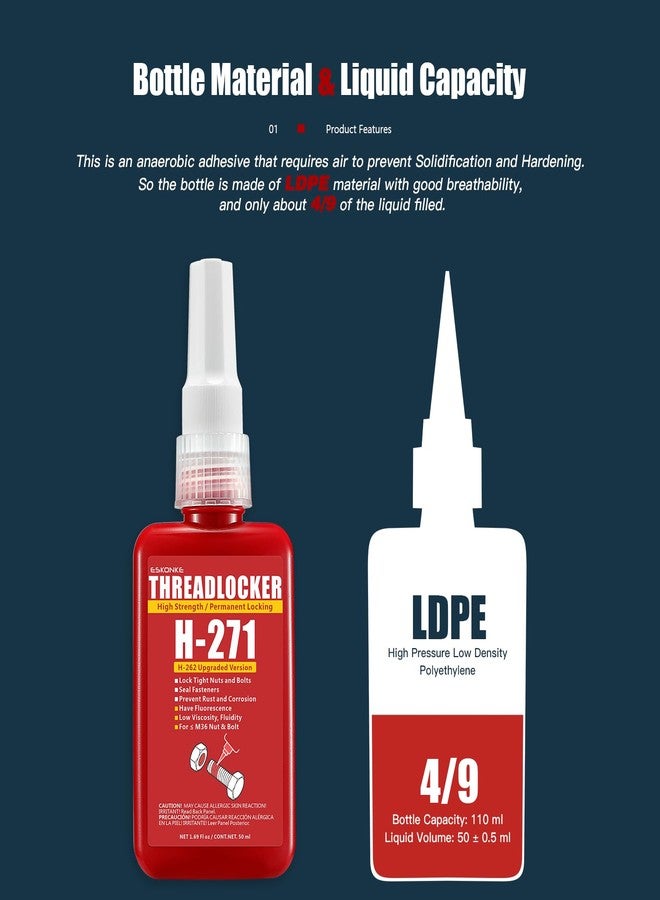 ESKONKE Red Thread Locker 271 High Strength Permanent Locking 1.69 Fl Oz / 50 Ml Nuts & Bolts Locker Threadlocker Lock Tight & Seal Fasteners Anaerobic Curing Metal Glue (271) - Image 2