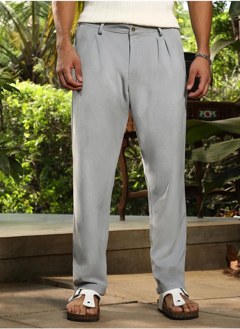 كامبوس سوترا Campus Sutra Men's Coin Grey Cuffed Pleated Tailored Trousers For Casual Wear | Mid-Rise | Regular Fit | Button Closure | Trousers Crafted With Comfort Fit For Everyday Wear