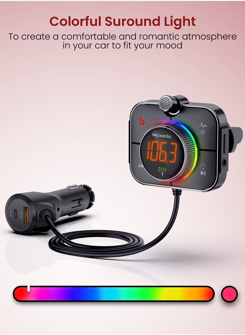 Moxedo Talk Focus FM Transmitter, PD3.0 & QC 3.0, 38W Dual Ports USB-A, and USB-C, RGB Colors, Support SD Card AUX Input - Image 2