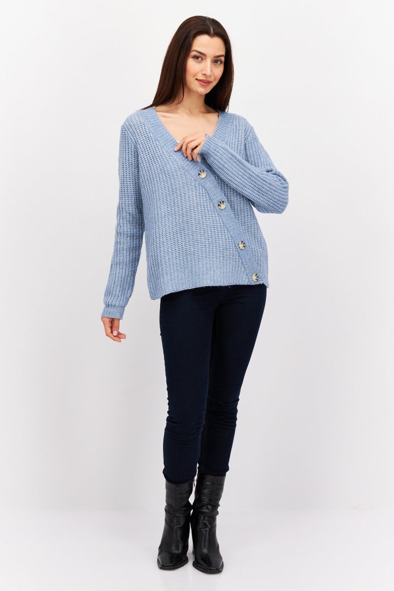 Fire & Glory Women V Neck Knitted Sweater, Heather Light Blue - Image 3
