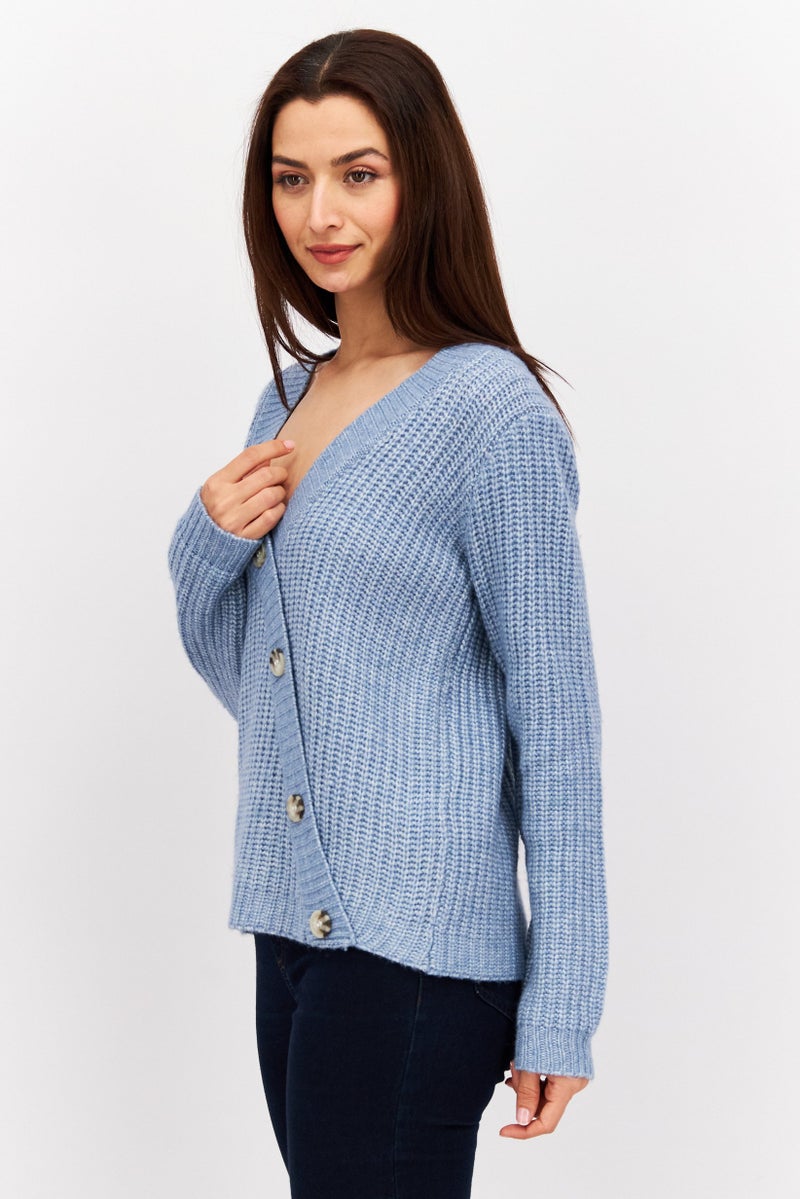 Fire & Glory Women V Neck Knitted Sweater, Heather Light Blue - Image 4