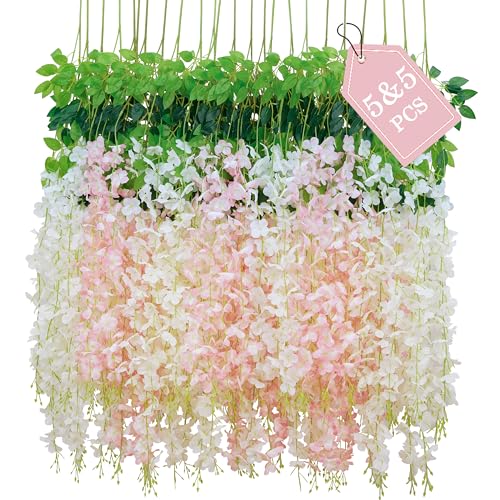 BLEUM CADE 10Pcs White & Pink Fake Wisteria Hanging Flowers, 3.6Ft/Pcs Artificial Wisteria Garland, Hanging Flowers for Wedding Party Home Backdrop Wall Decoration - Image 1