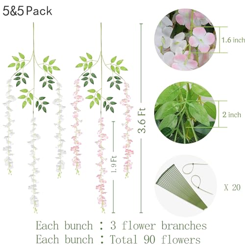 BLEUM CADE 10Pcs White & Pink Fake Wisteria Hanging Flowers, 3.6Ft/Pcs Artificial Wisteria Garland, Hanging Flowers for Wedding Party Home Backdrop Wall Decoration - Image 2